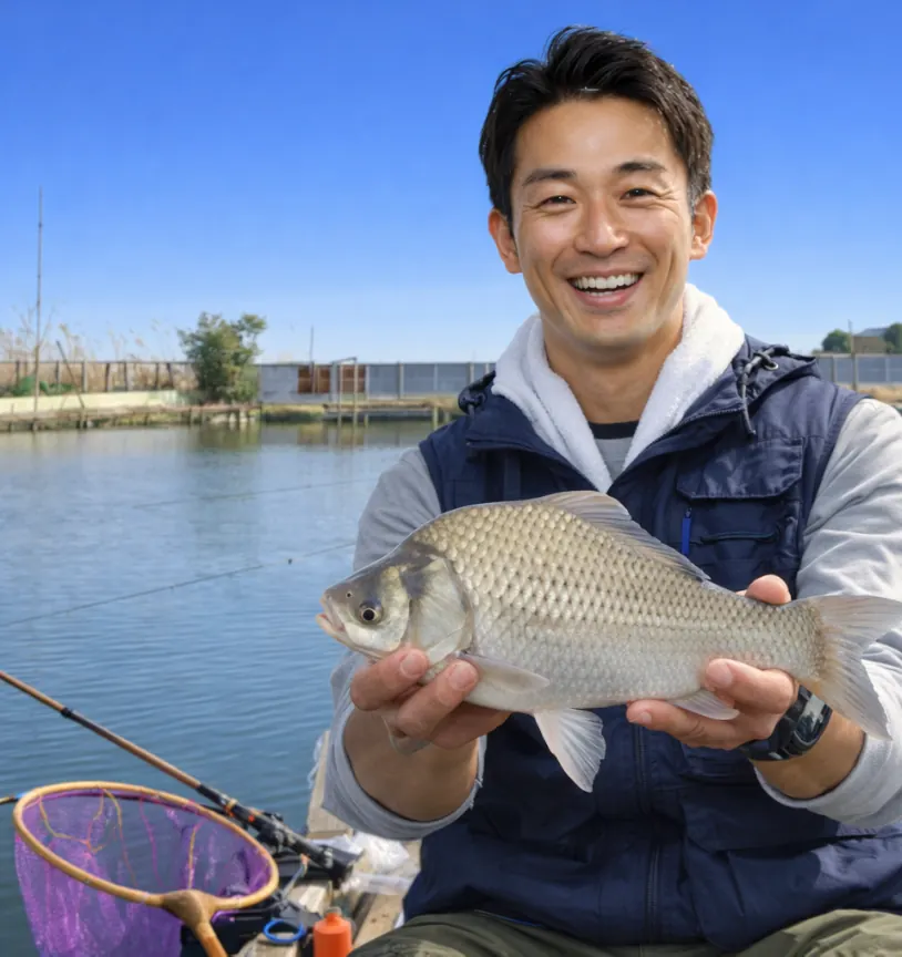 弥五郎沼でヘラブナの釣果を得た勝田.webp