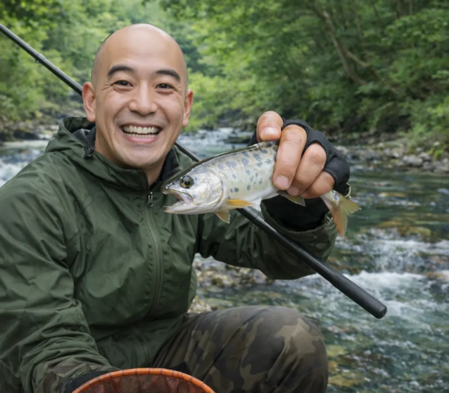 役内川でヤマメの釣果を得たがんだま君.webp