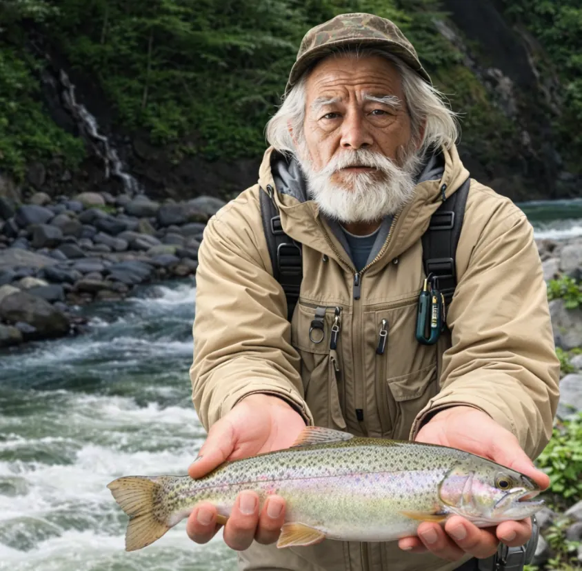 忠別川でニジマスの釣果を得た米田.webp