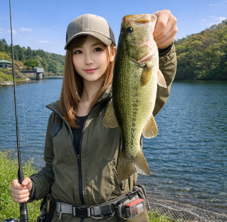 惣の関ダムでブラックバスの釣果を得た女性.webp