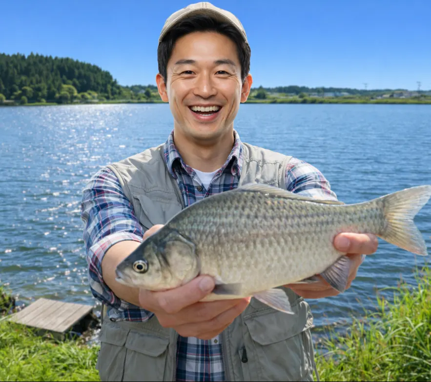 惣三郎沼でヘラブナの釣果を得た勝田.webp