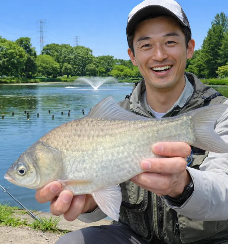 慈恩寺親水公園でヘラブナの釣果を得た勝田.webp