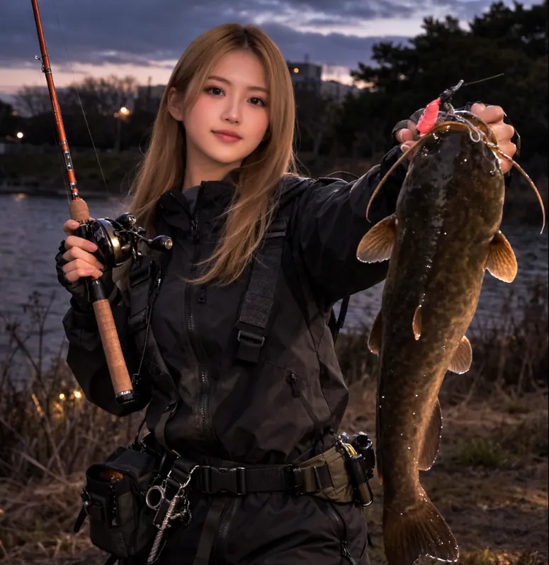 戸田川でナマズの釣果を得た女性.webp