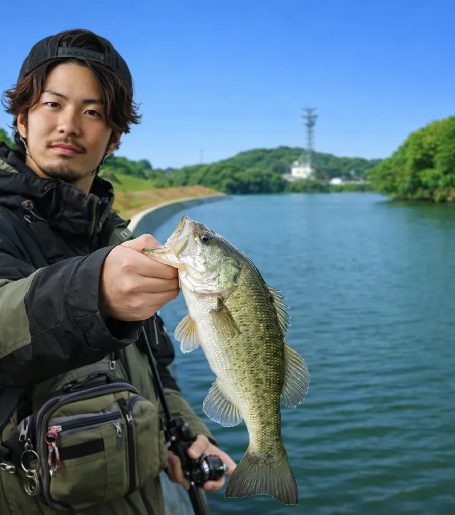 新大間池でブラックバスの釣果を得た澤田.webp