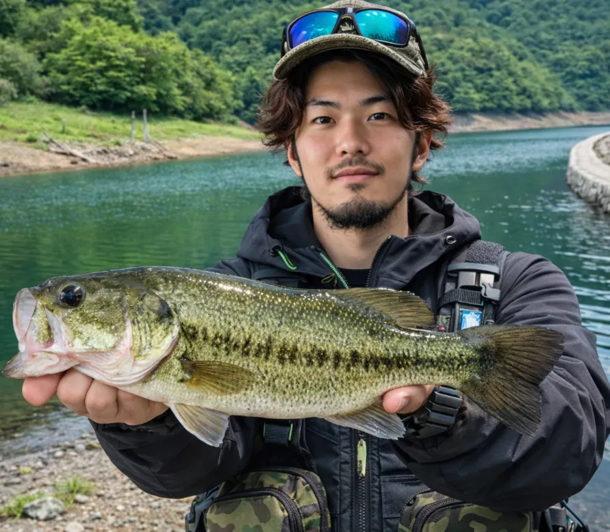 新宮ダムでブラックバスの釣果を得た澤田.webp