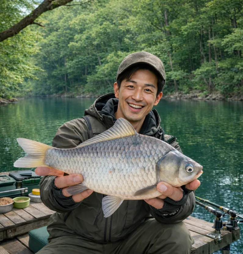 新成羽川ダムでヘラブナの釣果を得た勝田.webp
