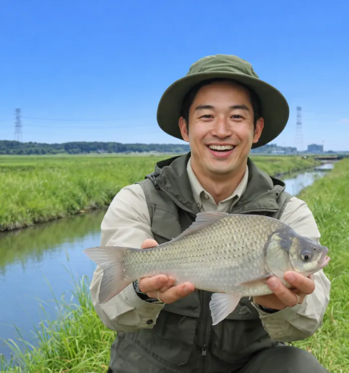 新木水路でヘラブナの釣果を得た勝田.webp