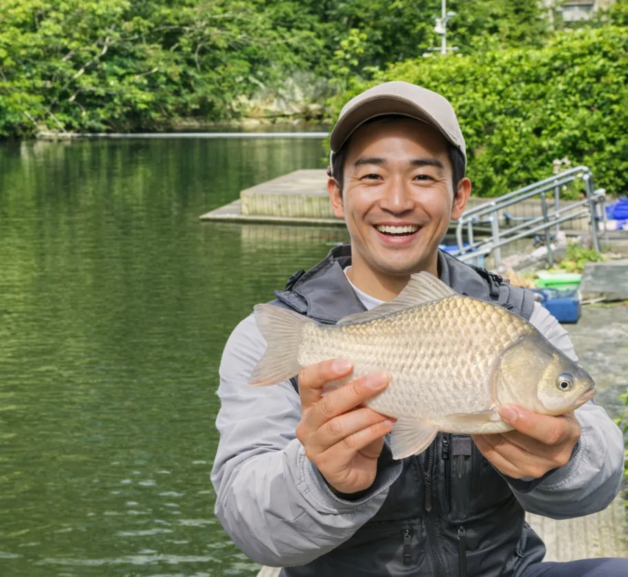 明徳池でヘラブナの釣果を得た勝田.webp