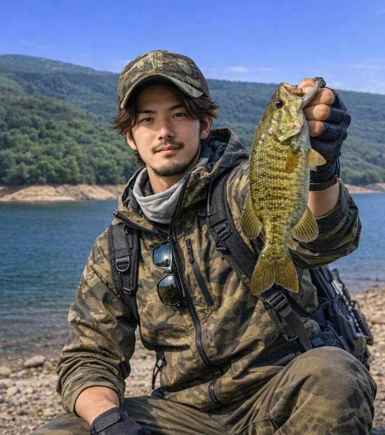有峰湖でブラックバスの釣果を得た澤田.webp