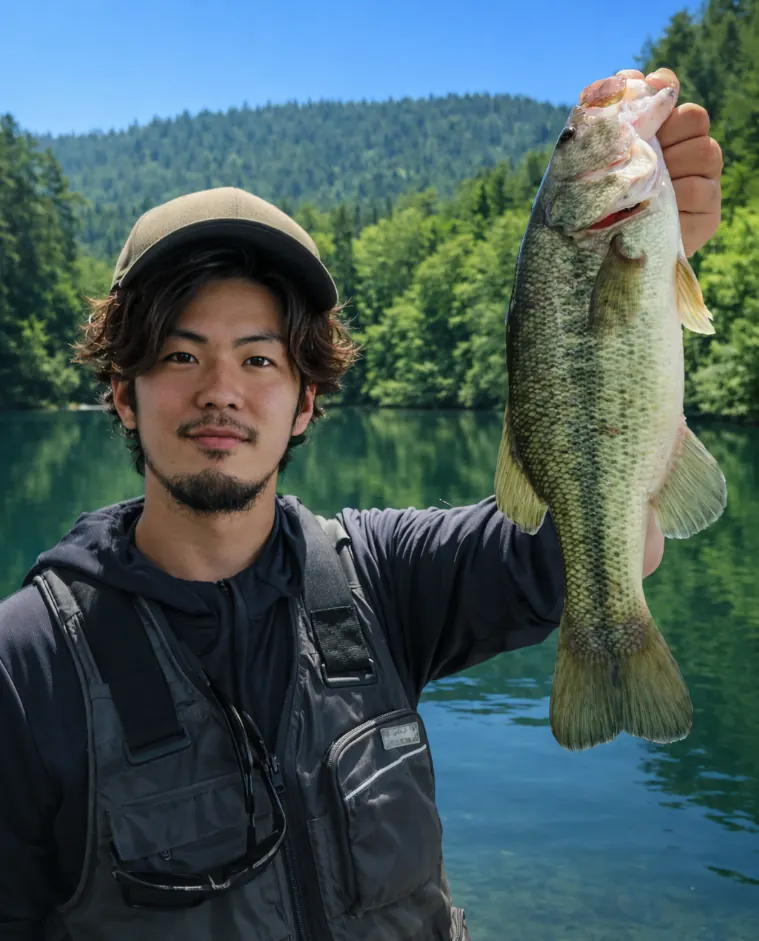 朝倉ダムでブラックバスの釣果を得た澤田.webp