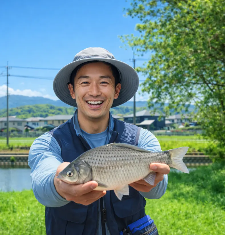 木月池でヘラブナの釣果を得た勝田.webp