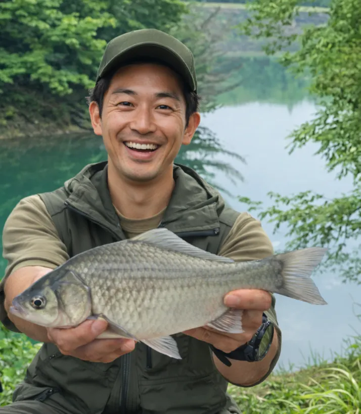 本庄池でヘラブナの釣果を得た勝田.webp