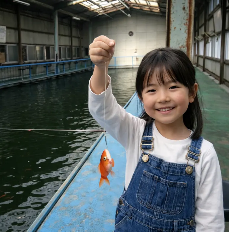 東大阪釣堀センターでキンギョの釣果を得た女の子.webp