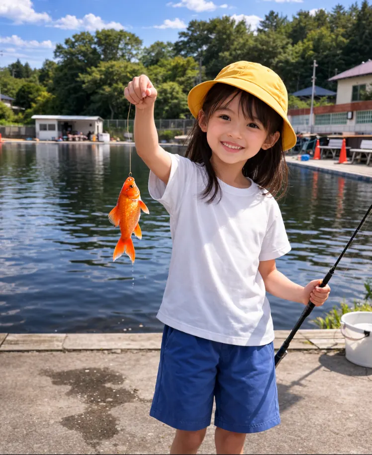 柏ふれあい釣り堀でキンギョの釣果を得た少女.webp