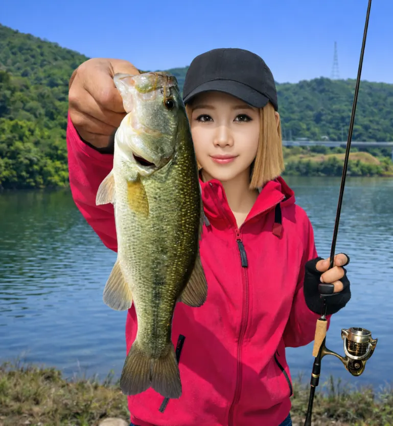 柳井原貯水池でブラックバスの釣果を得た女性.webp