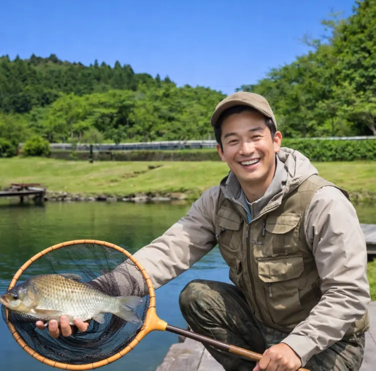 柳池ヘラブナセンターでヘラブナの釣果を得た勝田.webp