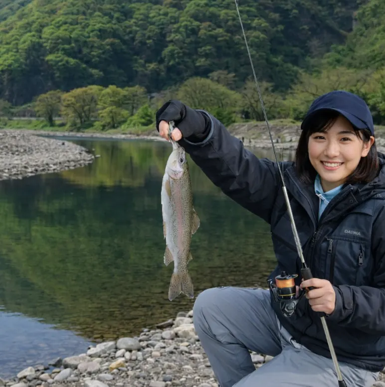 根尾川管理釣り場でニジマスの釣果を得た黒川.webp