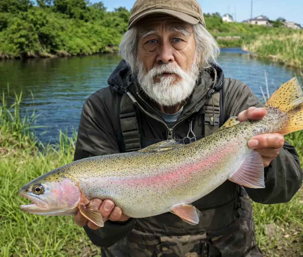 桃ノ木川でニジマスの釣果を得た米田.webp