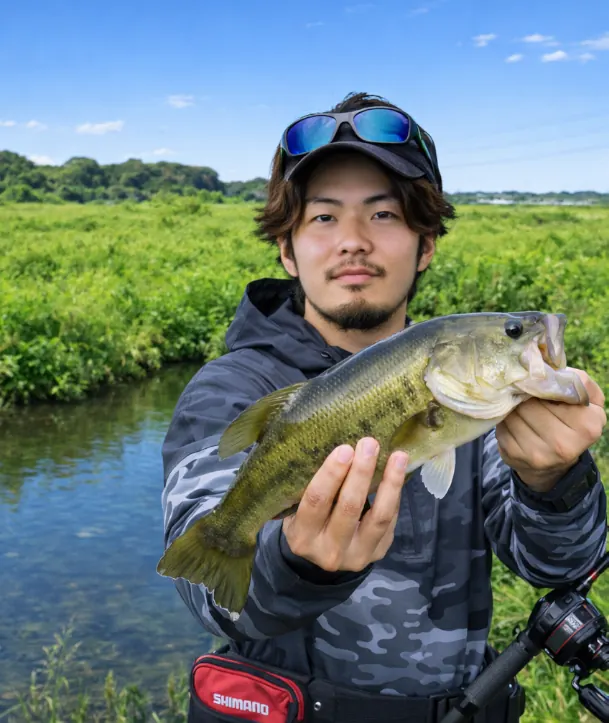 桑納川でブラックバスの釣果を得た澤田.webp