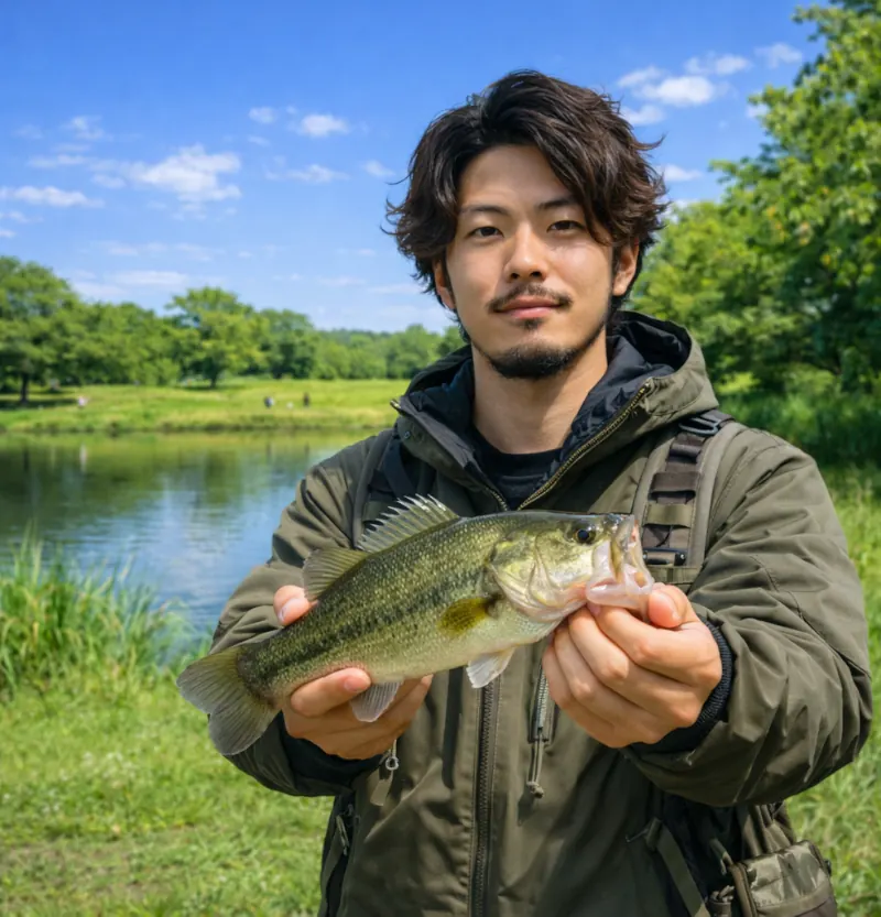 梶ノ宮池でブラックバスの釣果を得た澤田.webp