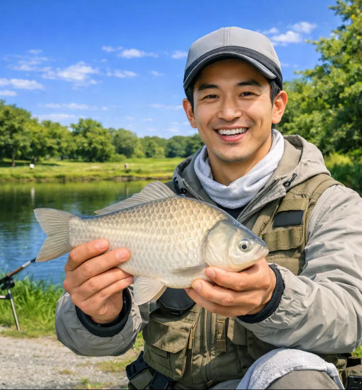 梶ノ宮池でヘラブナの釣果を得た勝田.webp
