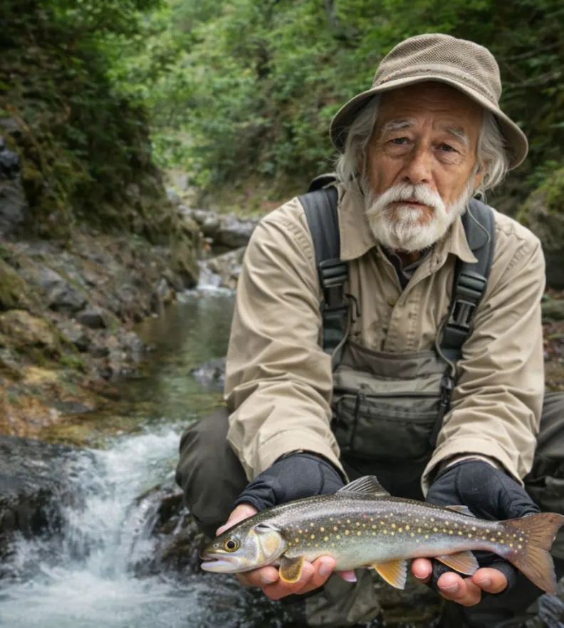 楢俣川でイワナの釣果を得た米田.webp