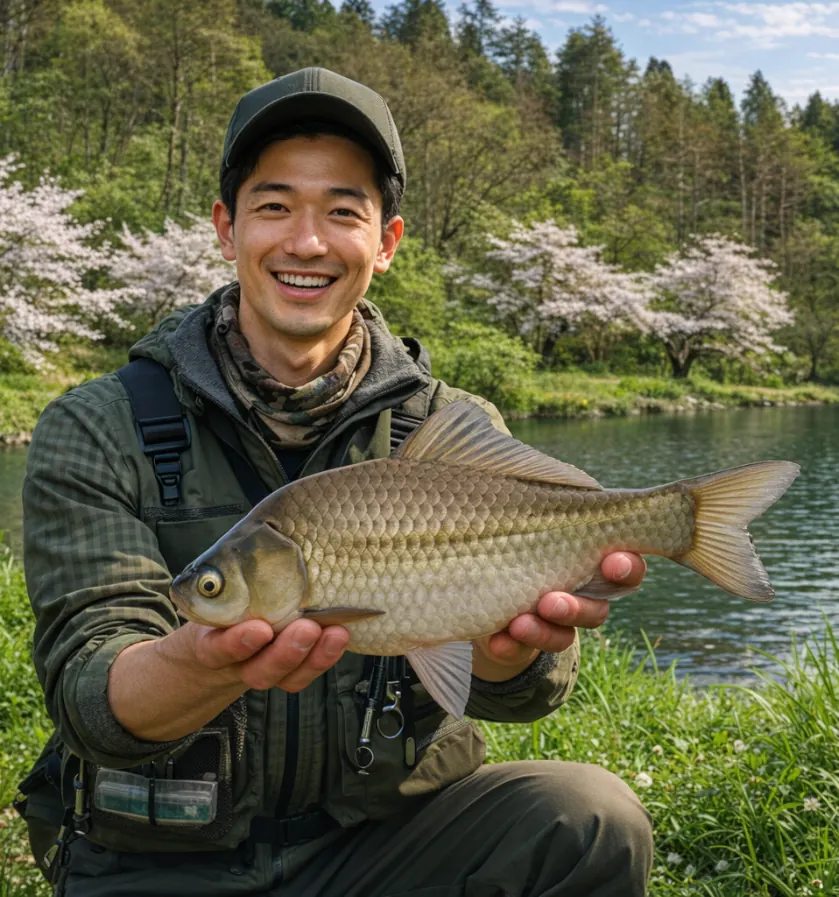 横手公園牛沼でヘラブナの釣果を得た勝田.webp