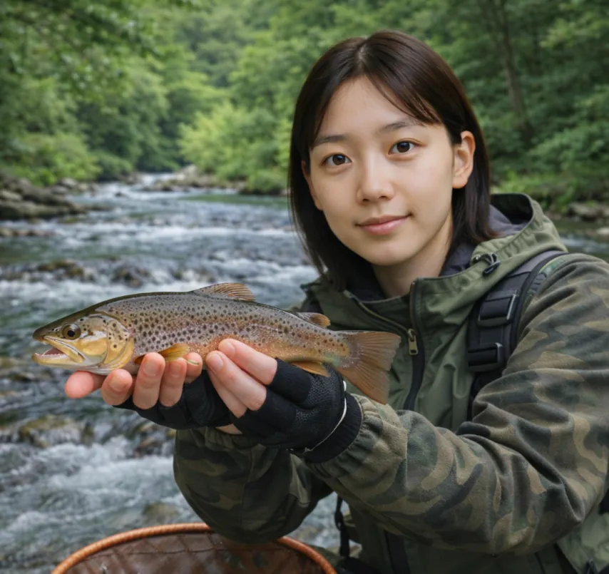 横手川でブラウントラウトの釣果を得た森永.webp