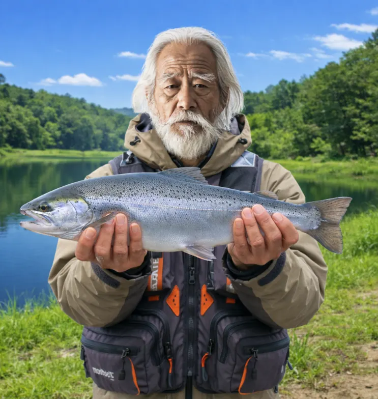 樽床ダムでサツキマスの釣果を得た米田.webp