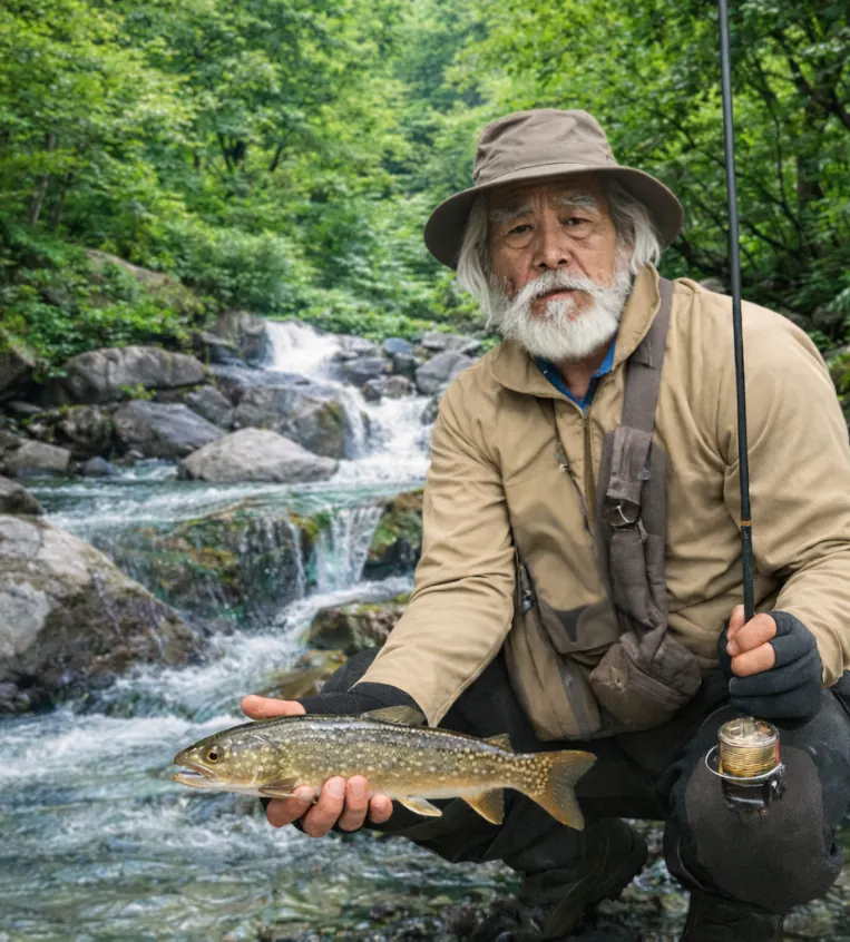 正沢川でイワナの釣果を得た米田.webp