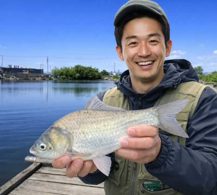 海老瀬フィッシングセンターでヘラブナの釣果を得た勝田.webp