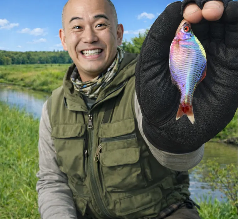 清明川でタナゴの釣果を得たがんだま君.webp