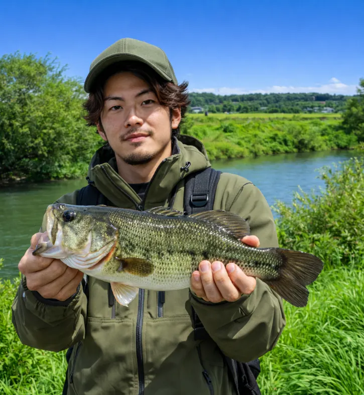 清明川でブラックバスの釣果を得た澤田.webp