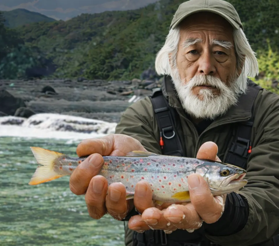 王滝川でアマゴの釣果を得た米田.webp