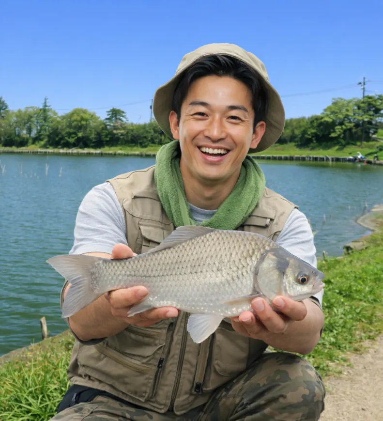 甚兵衛沼でヘラブナの釣果を得た勝田.webp