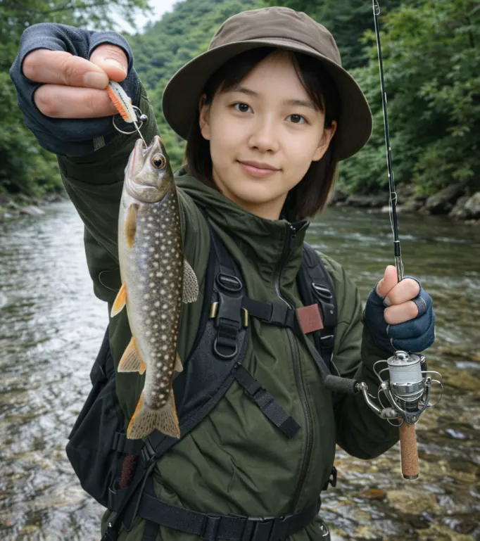 生保内川でイワナの釣果を得た森永.webp