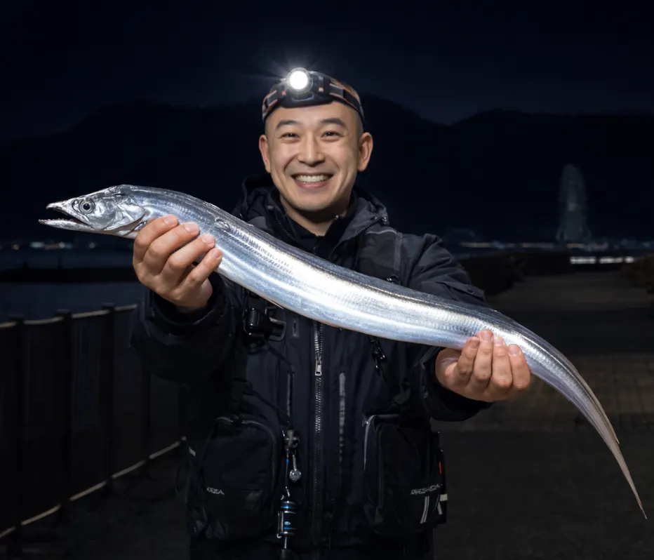 生穂新島でタチウオの釣果を得たがんだま君.webp