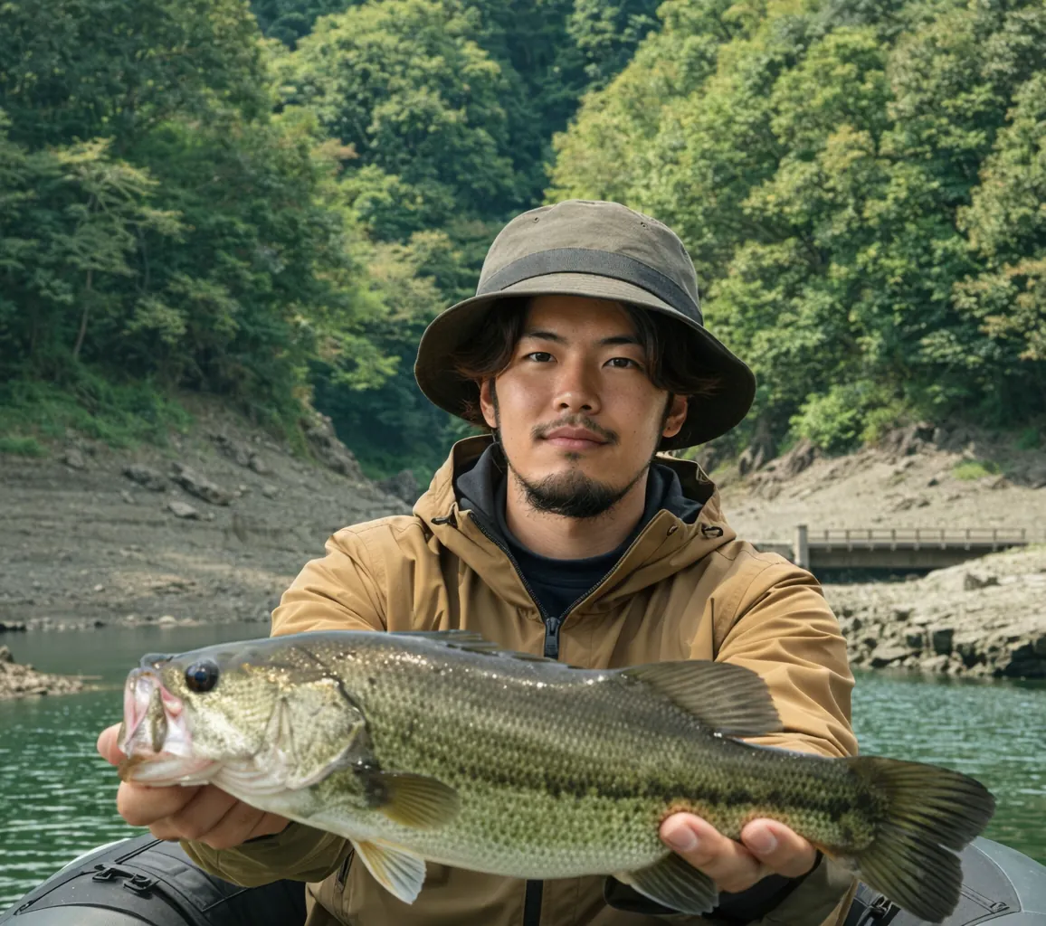 生見川ダムでブラックバスの釣果を得た澤田.webp