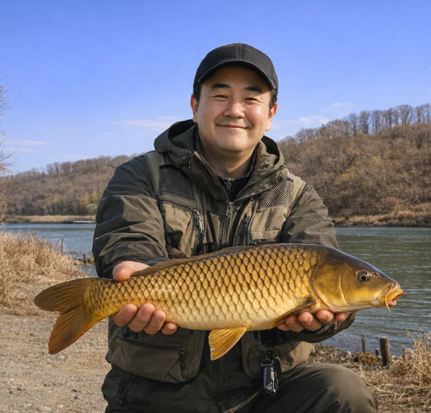田溝池でコイの釣果を得た持田.webp