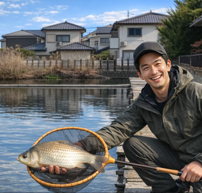 甲東堀でヘラブナの釣果を得た勝田.webp