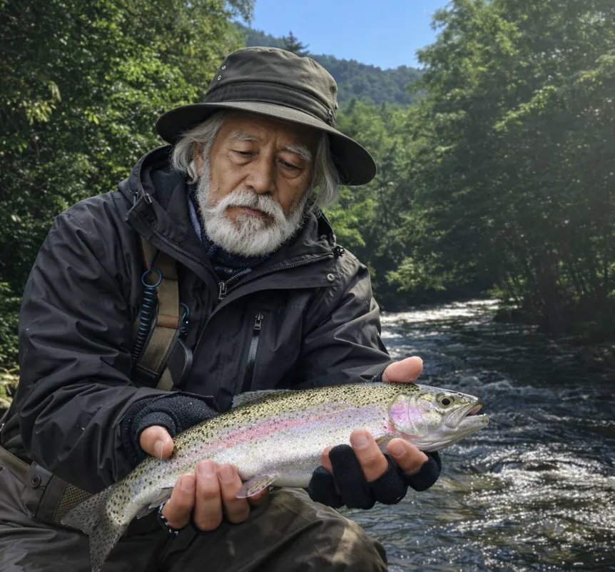 白井川でニジマスの釣果を得た米田.webp