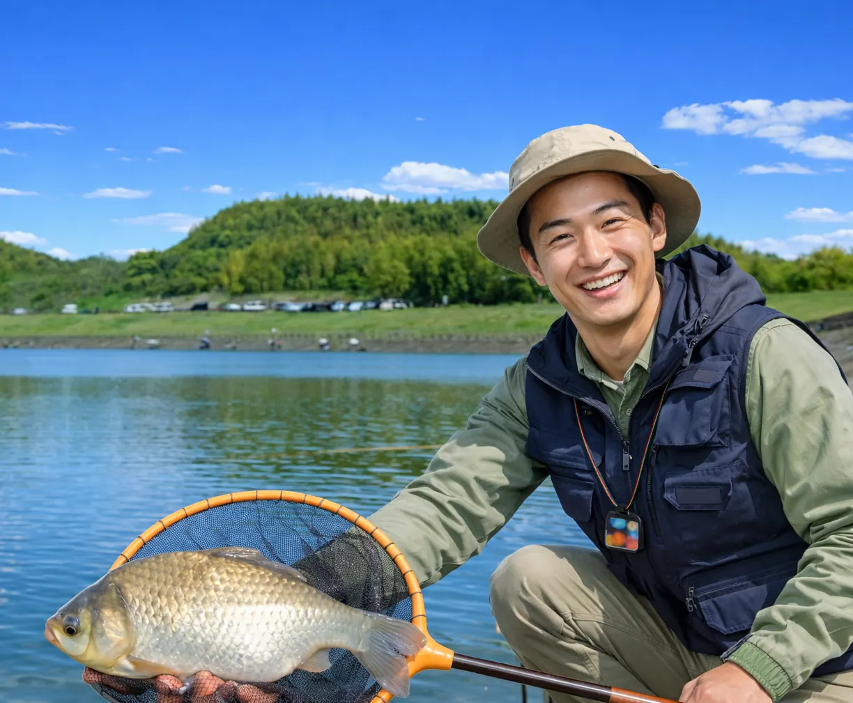 白川ダムでヘラブナの釣果を得た勝田.webp