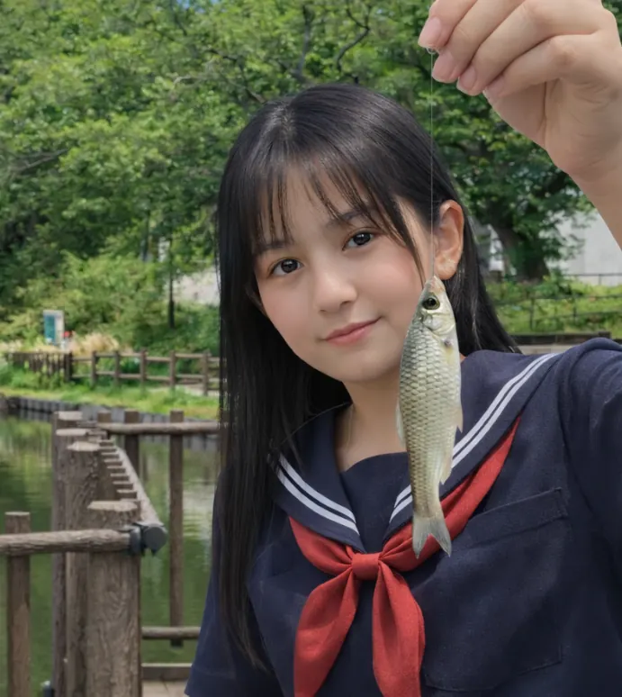 白幡池公園でクチボソの釣果を得た女性.webp