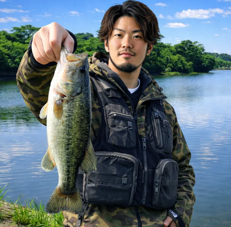 百穴湖でブラックバスの釣果を得た澤田.webp