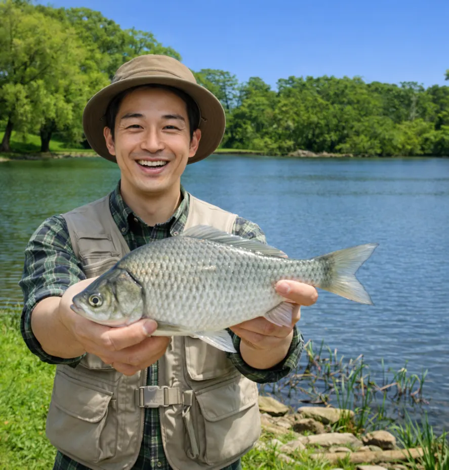 皆楽公園でヘラブナの釣果を得た勝田.webp