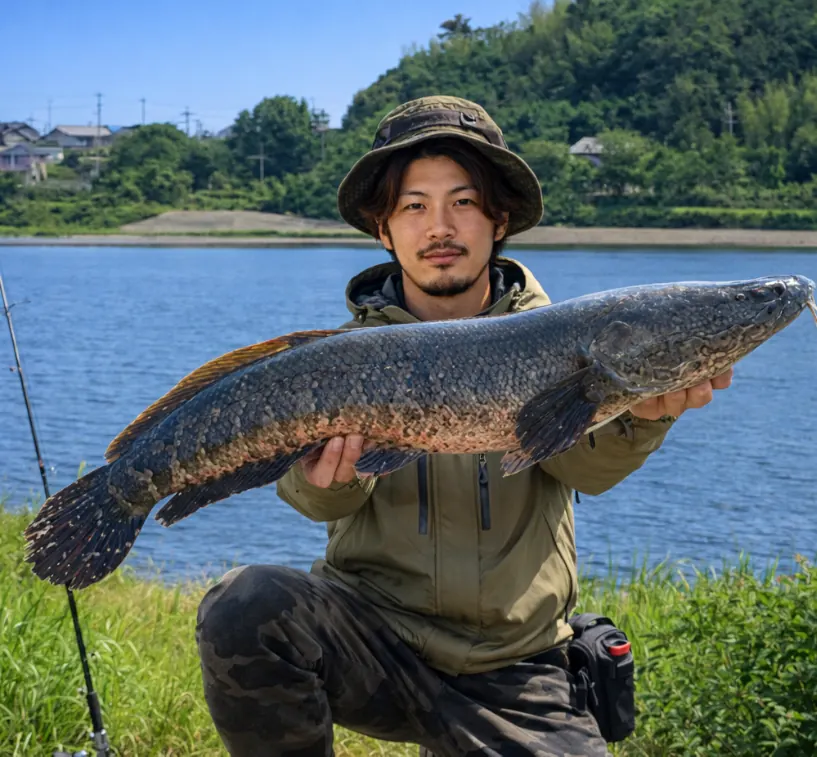 石土池でライギョの釣果を得た澤田.webp