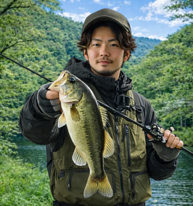 石場ダムでブラックバスの釣果を得た澤田.webp