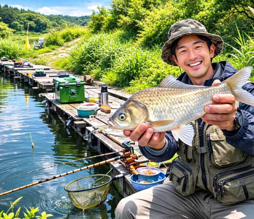 石屋下沼でヘラブナの釣果を得た勝田.webp