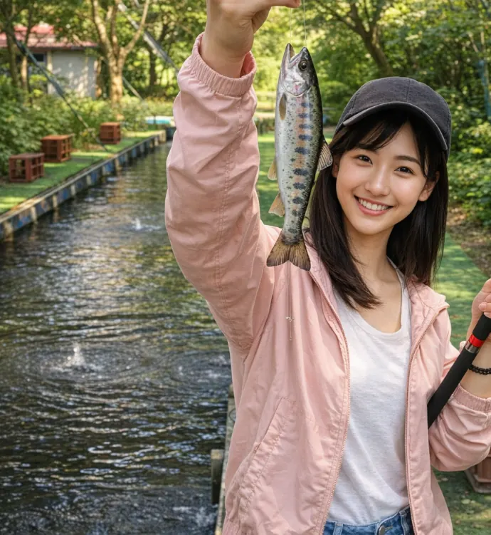 磯源フィッシングパークでヤマメの釣果を得た女性.webp