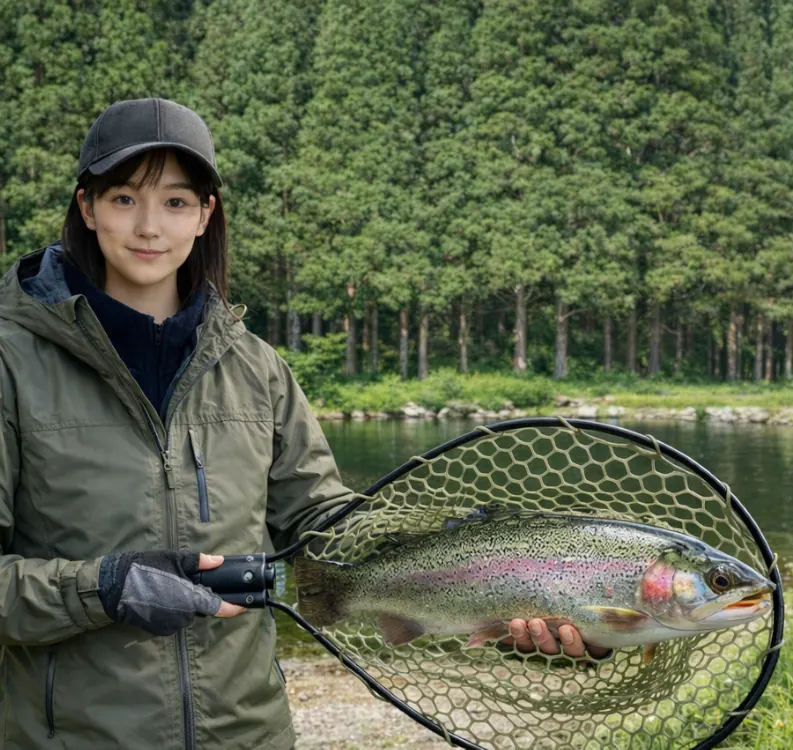 神室フィッシャーマンズロッジでニジマスの釣果を得た国生.webp